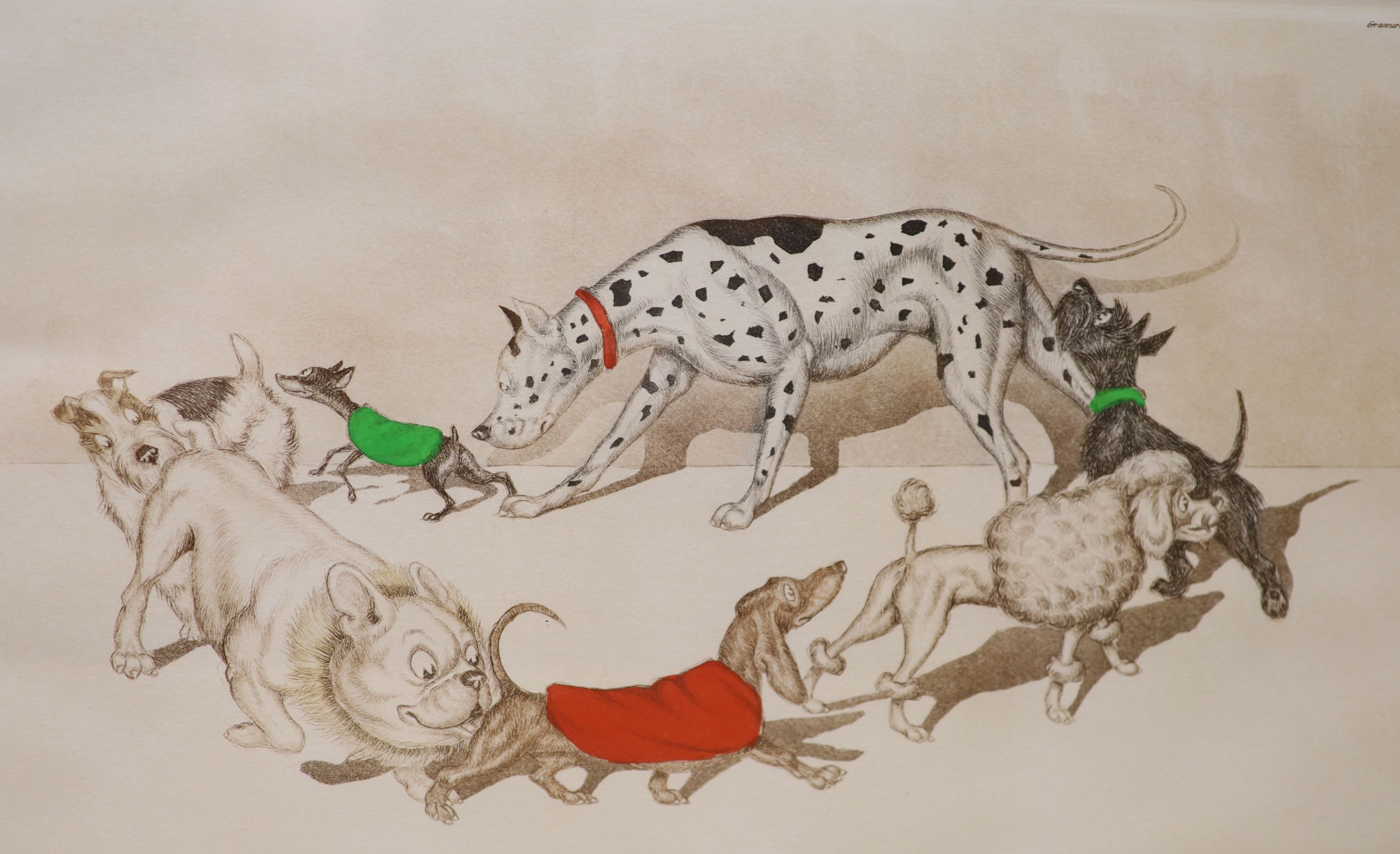 Boris O’Klein (1893-1985), coloured etching, “Circle Vicieux” from the ‘Dirty Dogs of Paris’ series, signed in pencil, 21 x 33cm